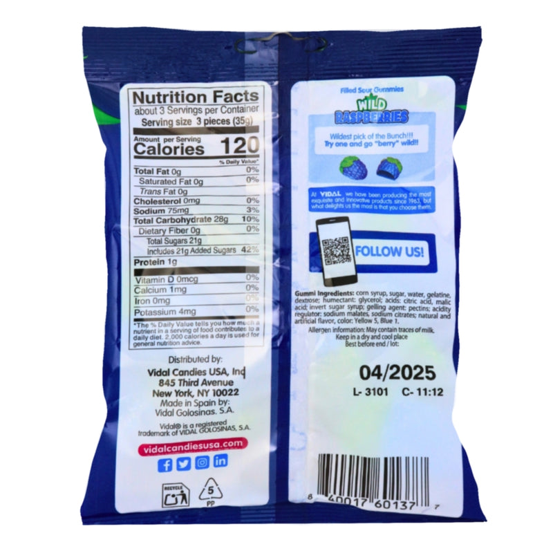 Vidal Sour Wild Raspberries - 3.5oz Nutrition Facts Ingredients -Blue Raspberry - Sour Candy 