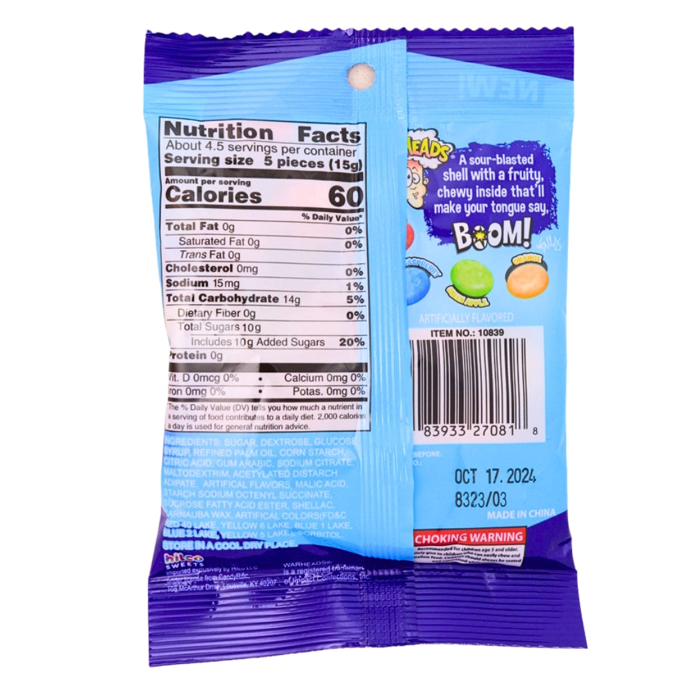 Warheads Sour Boom Fruit Chews - 2.5oz Nutrition Facts Ingredients -Blue Raspberry