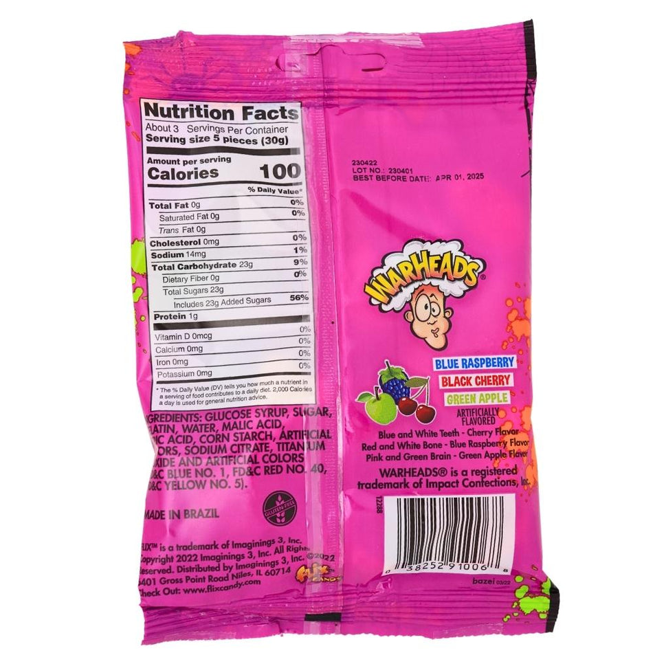 Warheads Gummy Body Parts - 3oz Nutrition Facts Ingredients -Warheads - Gummies - Sour Candy