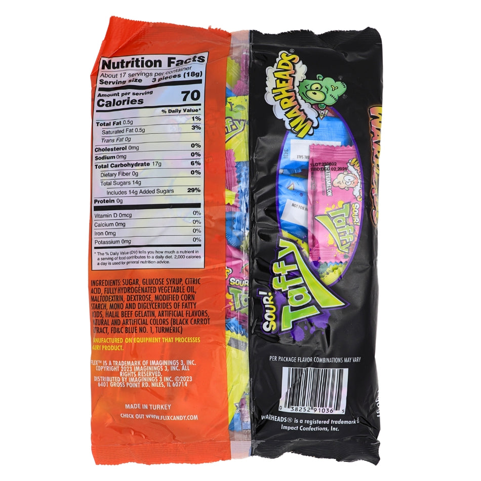 Warheads Taffy 50ct - 10.58oz Nutrition Facts Ingredients -Warheads - Sour Candy - Blue Raspberry 