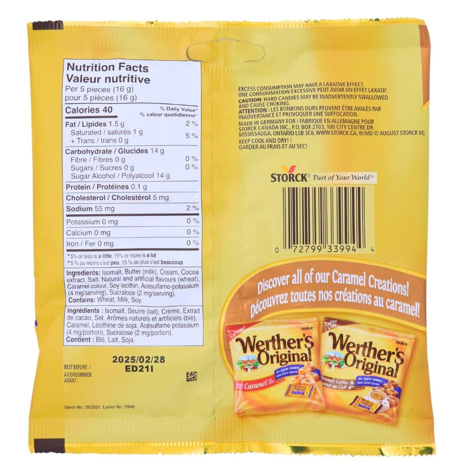 Werther's Original Caramel Chocolate Sugar Free Hard Candies - 60g Nutrition Facts Ingredients