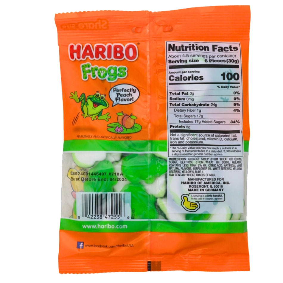 Haribo Frogs - 5oz ingredients nutrition facts, Haribo Frogs, chewy gummy candies, fruity delight, bold flavors, juicy, soft and chewy, candy buffet, amphibian-inspired fun