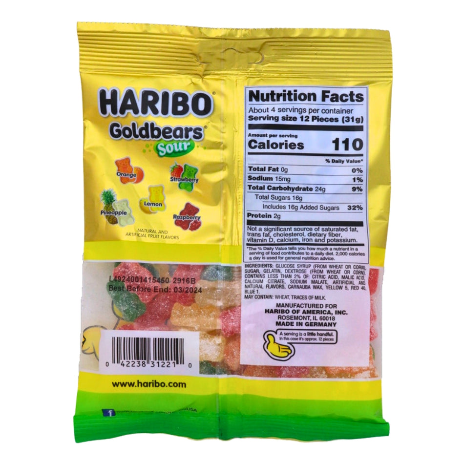 Haribo Sour Gold Bears Gummi Candy - 4.5 oz. ingredients nutrition facts, Haribo Sour Gold Bears Gummi Candy, Tangy Enchantment, Burst of Happiness, Gummy Carnival, Classic Gold Bears, Thrilling Sourness, Fruity Flavors, Flavor-Packed Adventure, Candy Explorer, Whimsical Journey