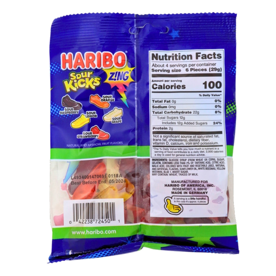 Haribo Zing Sour Kicks - 4.5oz ingredients nutrition facts, Haribo Zing Sour Kicks, sour candy, tangy flavors, chewy candy, flavor adventure, haribo, haribo gummy, haribo gummies, german candy, sour gummy, sour gummies, german gummies, gummies, gummy candy, best gummies