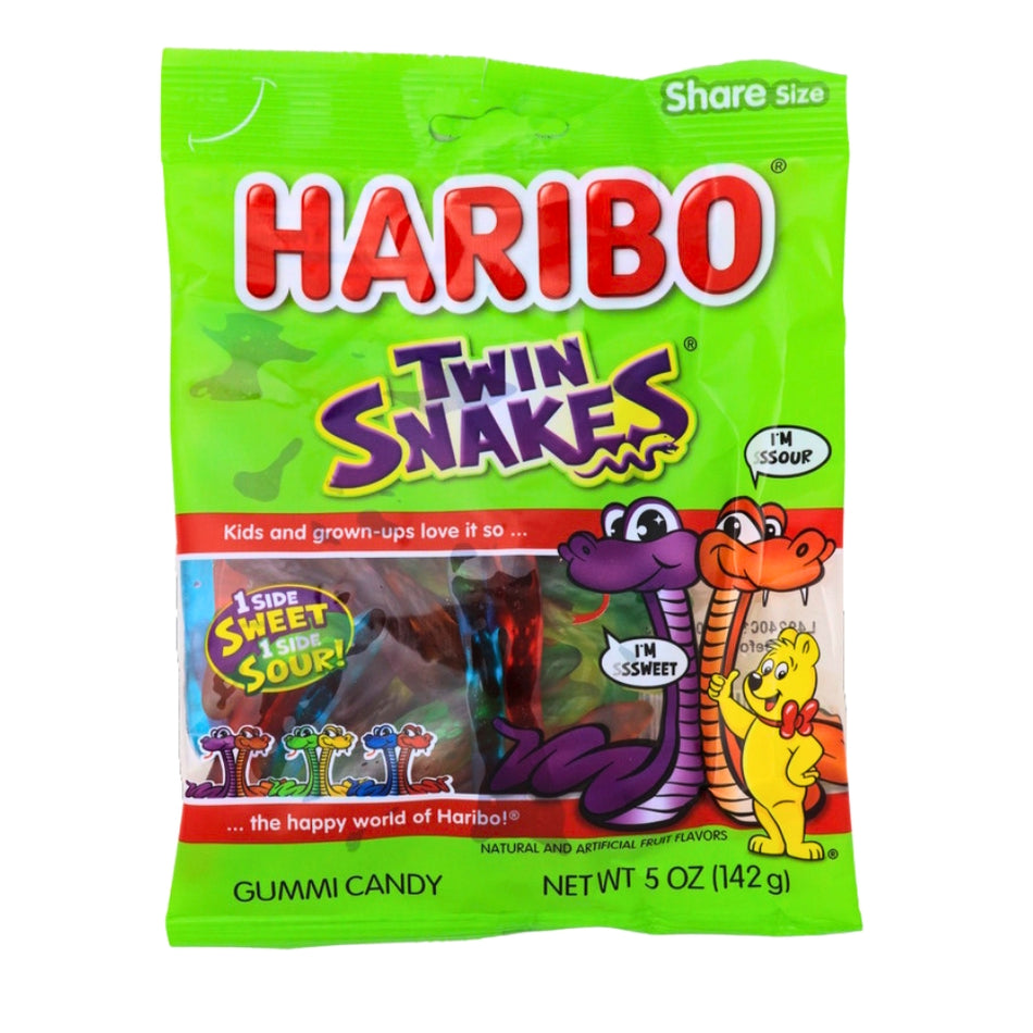 Haribo Twin Snakes - 5oz, Haribo Twin Snakes, gummy candy, sweet and sour, fruity flavors, whimsical, fun, taste bud adventure, haribo, haribo gummy, haribo gummies, german candy, sour gummy, sour gummies, german gummies, gummies, gummy candy, best gummies