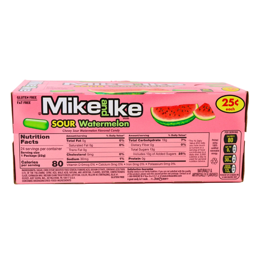 Mike and Ike Sour Watermelon - 24pcs ingredients nutrition facts, Mike and Ike Sour Watermelon, Sour candy, Watermelon-flavored candy, Chewy candy, Summertime treats, Sweet and sour candy, Tangy sensation, Picnic candy, Movie night snacks, Watermelon candy, Juicy sweets, Candy Funhouse delights, Fun sour flavors