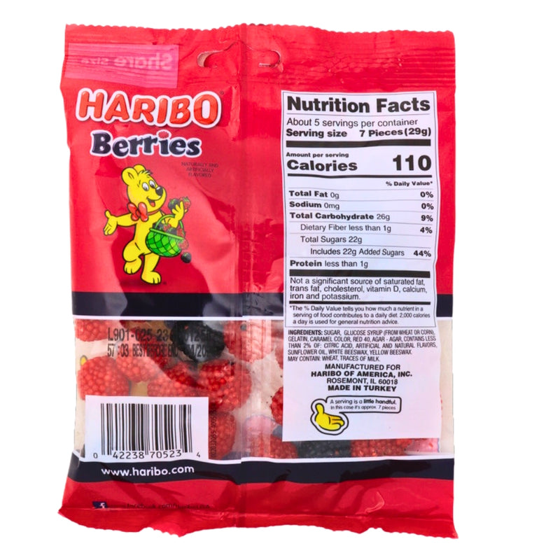 Haribo Berries Gummi Candy - 5oz ingredients nutrition facts, Haribo Berries Gummi Candy, berrylicious, gummy berries, strawberry, raspberry, blueberry, blackberry, gluten-free candy, fat-free candy