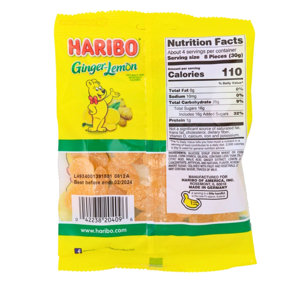 Haribo Ginger Lemon ingredients nutrition facts, Haribo Ginger Lemon, zesty delight, drops of sunshine, ginger, lemon, chewy bite, burst of refreshment, sweet and tangy adventure, on the go, sharing with friends, playful zest, citrusy magic