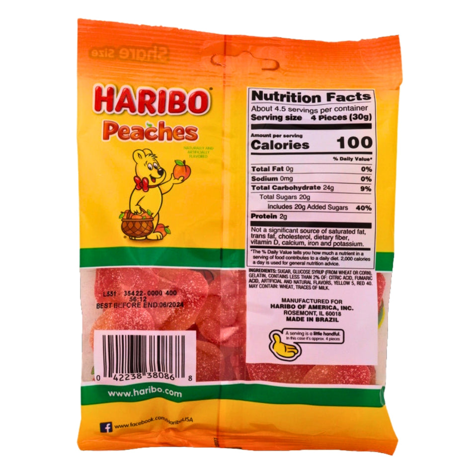 Haribo Peaches - 5oz. ingredients nutrition facts, Haribo Peaches, Peach Flavored Candy, Chewy Gummies, Fruity Peach Goodness, Sweet and Tangy Treats, haribo, haribo gummy, haribo gummies, german candy, german gummies, gummy candy, gummies