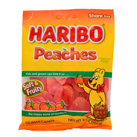 Haribo Peaches - 5oz., Haribo Peaches, Peach Flavored Candy, Chewy Gummies, Fruity Peach Goodness, Sweet and Tangy Treats, haribo, haribo gummy, haribo gummies, german candy, german gummies, gummy candy, gummies