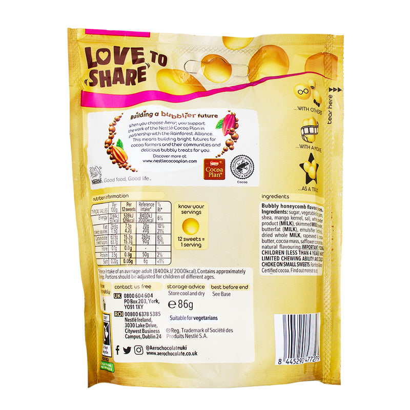 Aero Melts Honeycomb - 86g Nutrition Facts Ingredients-aero chocolate-honeycomb candy-Honeycomb