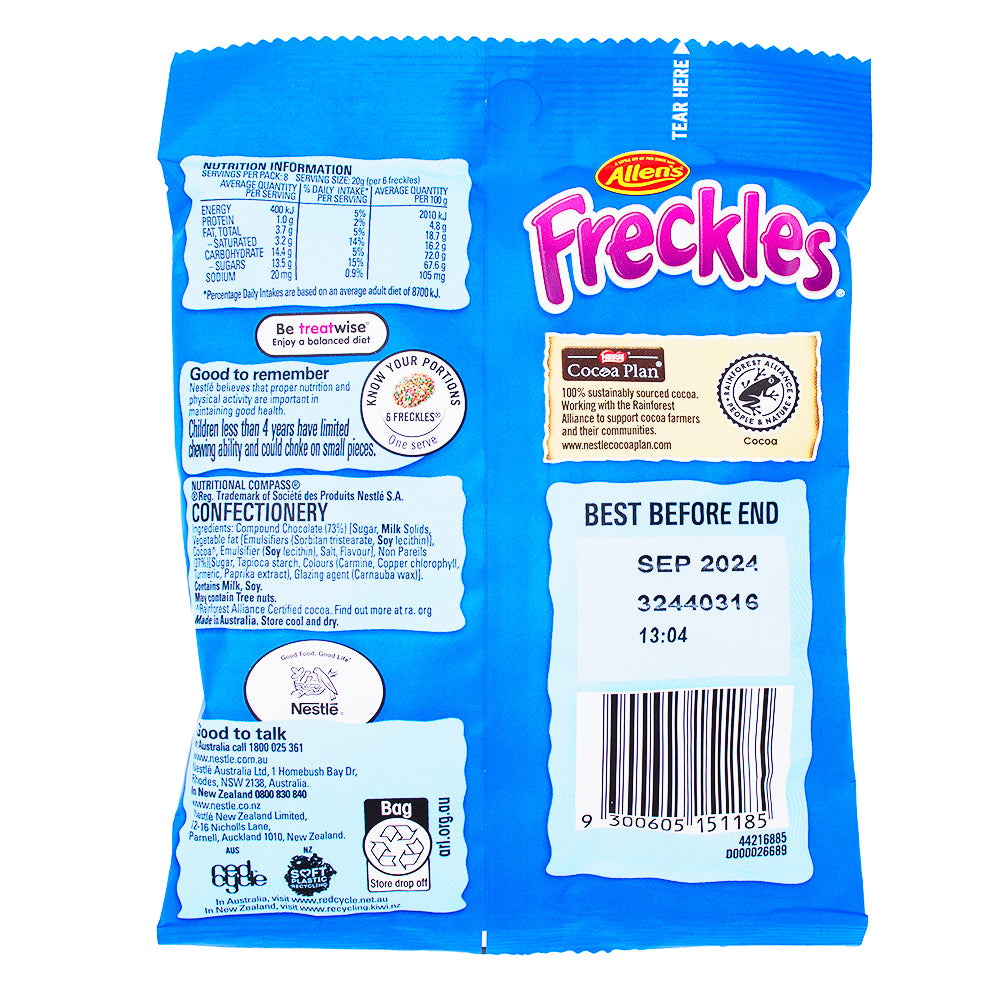Allen's Freckles (Aus) - 160g Nutrition Facts Ingredients-Milk Chocolate-Australian Candy-Chocolate Sprinkles
