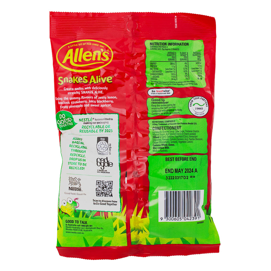 Australia Allens Snakes Alive Gummy Candy - 200g (Aus) Nutrition Facts Ingredients