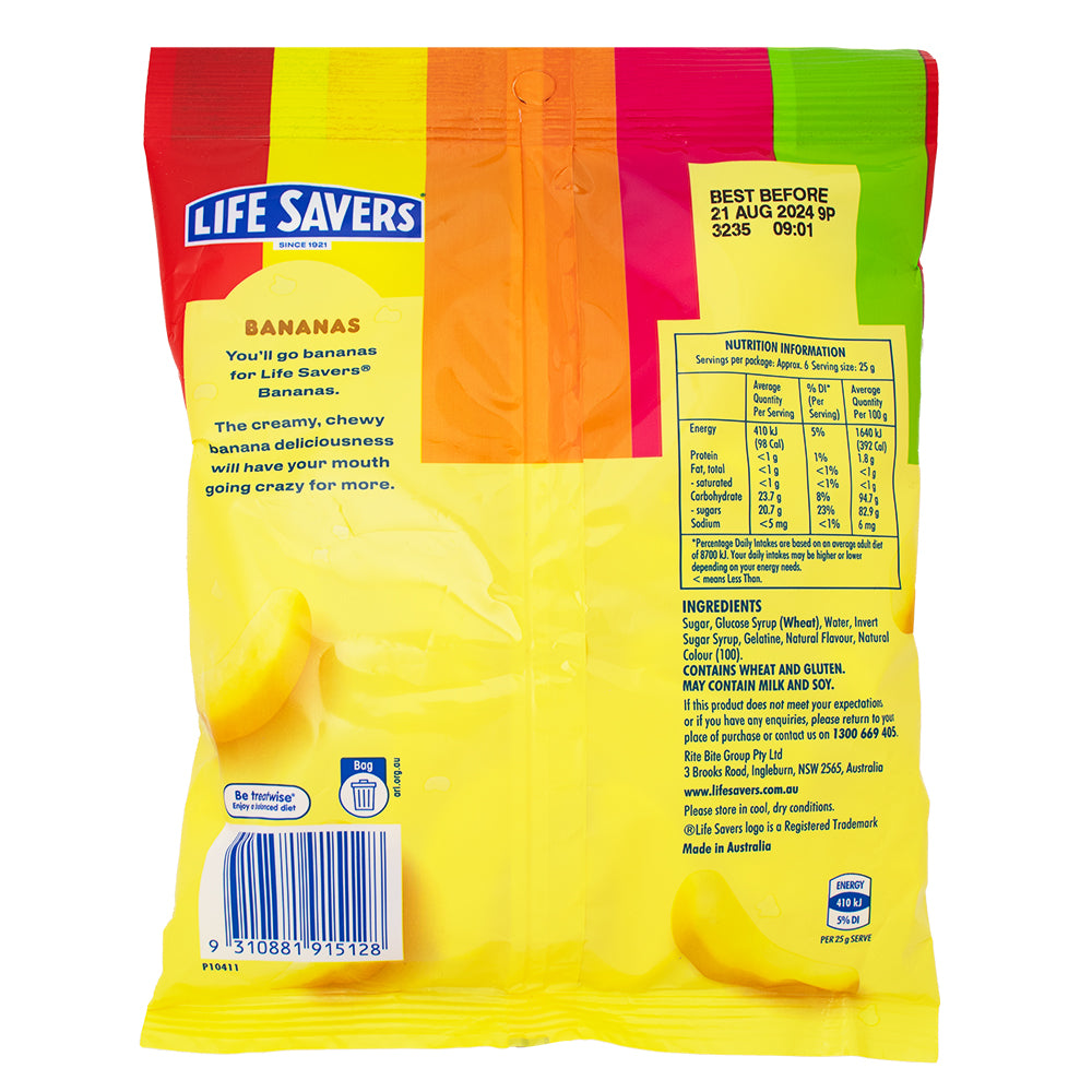 Lifesavers Bananas (Aus) - 160g Nutrition Facts Ingredients-Lifesavers-Lifesaver Gummies-Australian Candy-Lifesavers Candy-Banana Candy