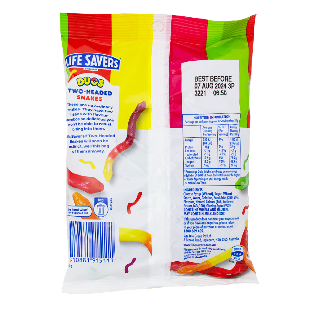 Lifesavers Duos Two-Headed Snakes (Aus) - 192g Nutrition Facts Ingredients-lifesaver gummies-Australian candy