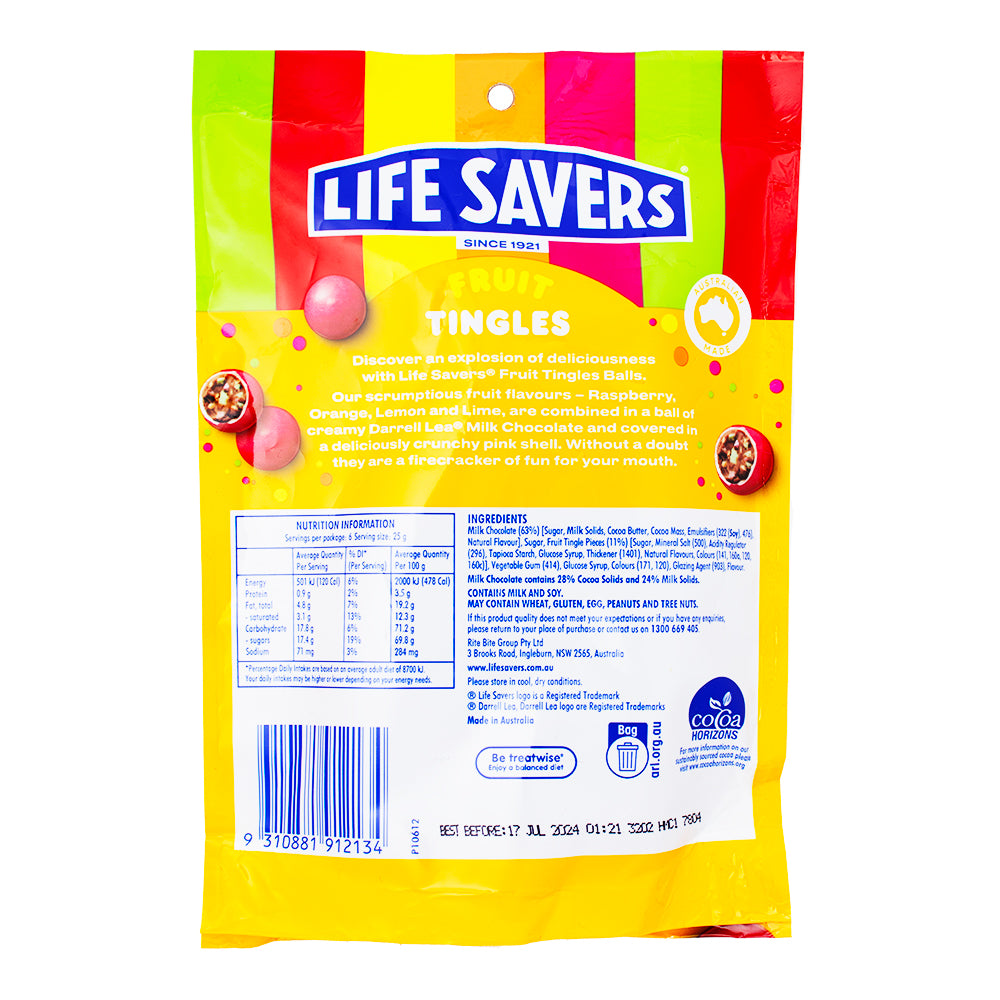 Lifesavers Fruit Tingles Chocolate (Aus) - 150g Nutrition Facts Ingredients-Lifesavers-Lifesaver Candy-Australian Candy-Milk Chocolate