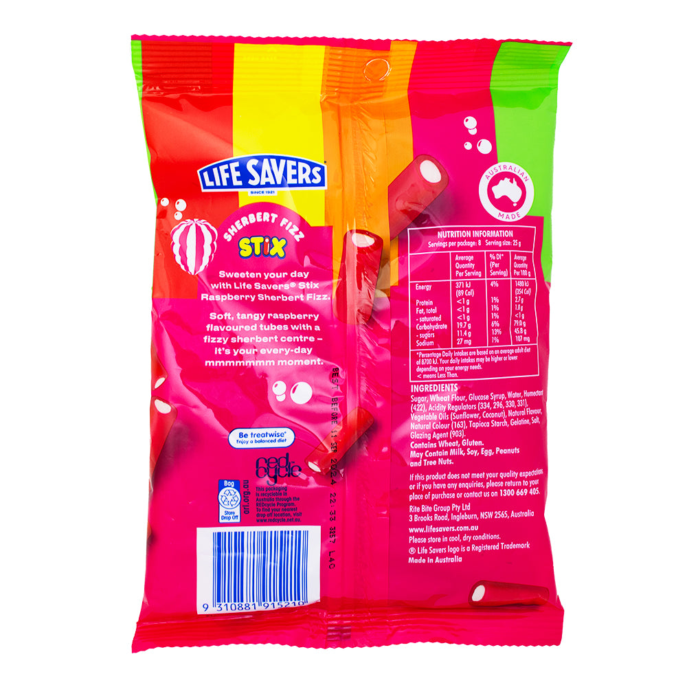 Lifesavers Stix Raspberry Sherbet Fizz (Aus) - 200g Nutrition Facts Ingredients-Lifesavers-Australian Candy-Lifesavers Candy-Raspberry Candy