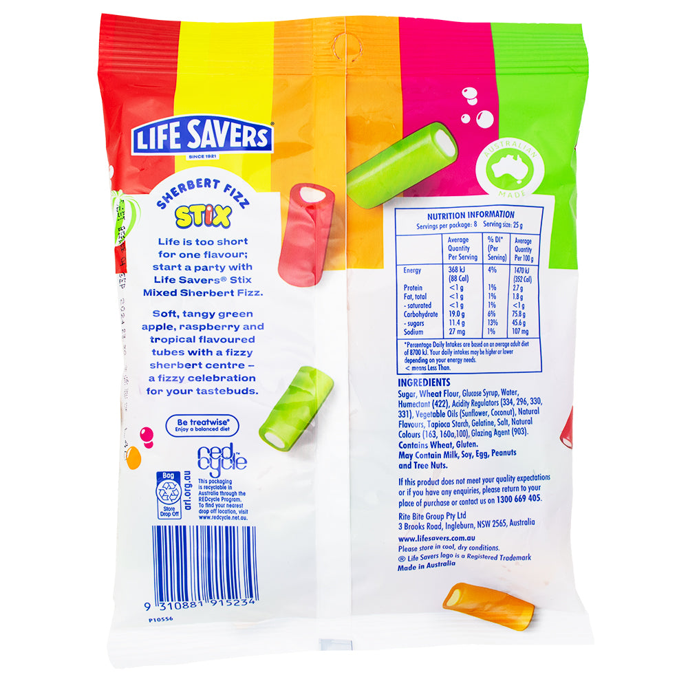 Lifesavers Stix Mixed Sherbert Fizz (Aus) - 200g Nutrition Facts Ingredients-Lifesavers-Australian Candy-Lifesavers Candy
