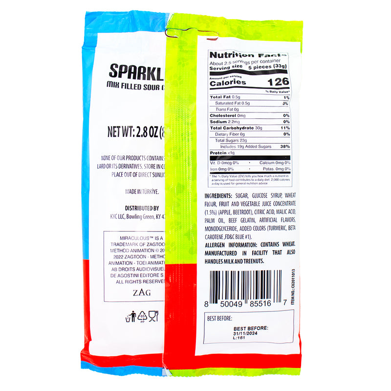 Miraculous Sparkles Mixed Filled Sour Candy - 80g Nutrition Facts Ingredients-Miraculous ladybug characters-Sour candy-Rainbow candy