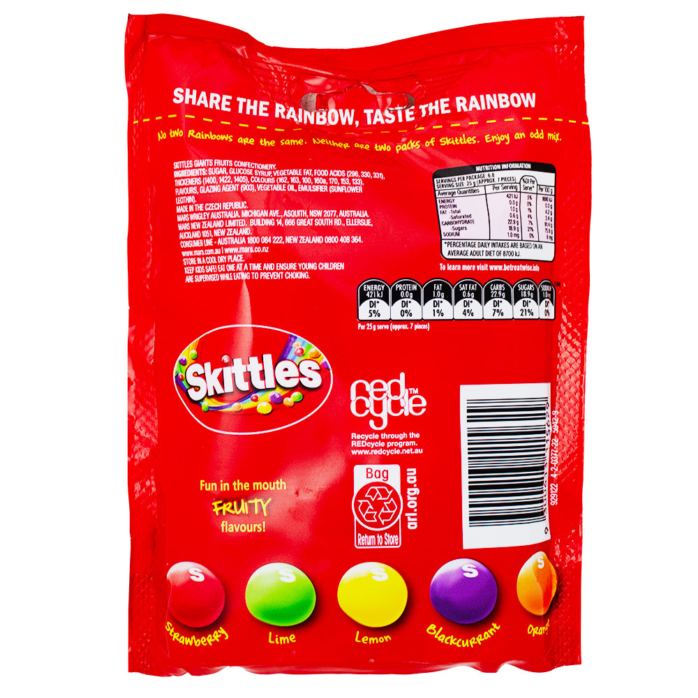 Skittles Giants (Aus) - 170g Nutrition Facts Ingredients-Skittles-Australian Candy-Giant Skittles-Fruity Candy