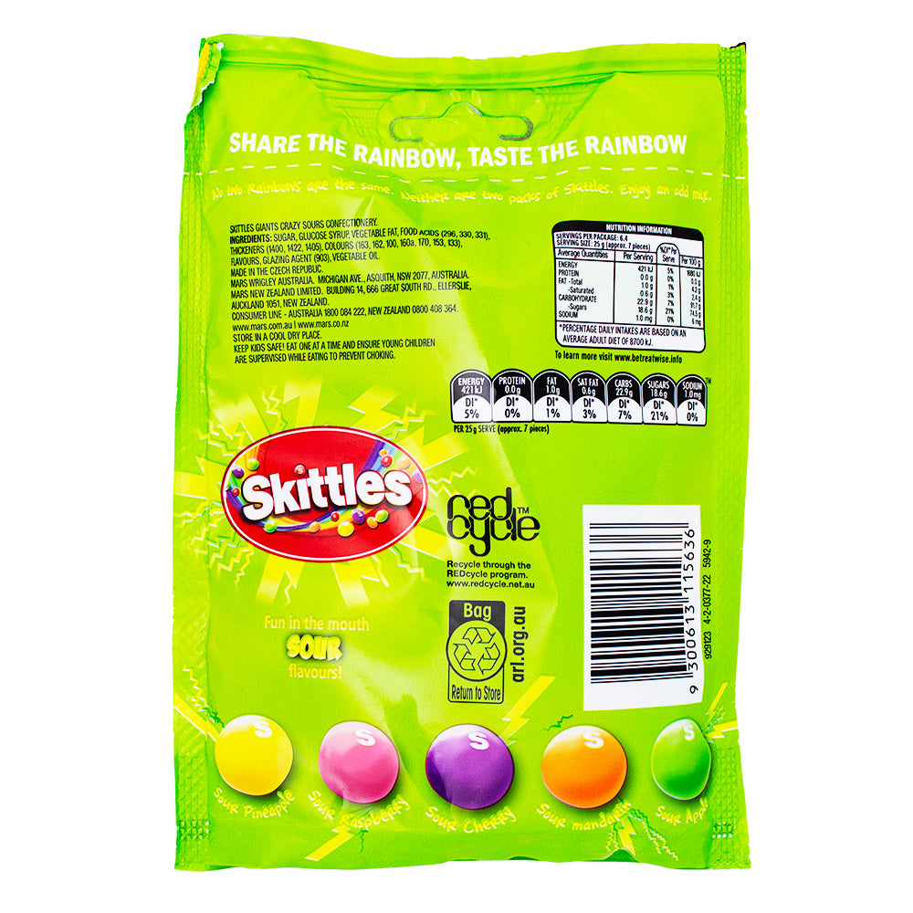 Skittles Giants Sours (Aus) - 160g Nutrition Facts Ingredients-Sour Candy-Sour Skittles-Australian Candy-Giant Skittles