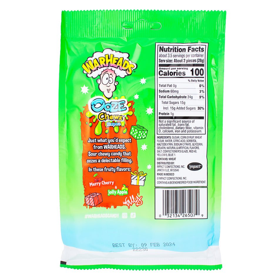 Warheads  Ooze Chewz Ropes - 99g - Warheads candy - Nutrition Facts Ingredients