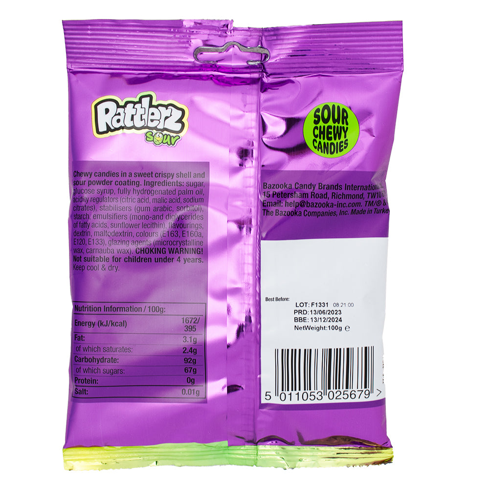 Bazooka Rattlerz Sours (UK) - 100g Nutrition Facts Ingredients