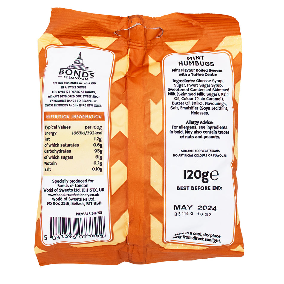 Bonds Mint Humbugs (UK) - 120g Nutrition Facts Ingredients - British Candy