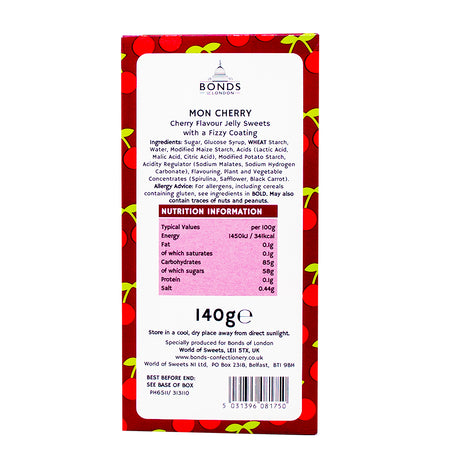Bonds Mon Cherry Fizzy Cherry Jellies (UK) - 140g - British CandyNutrition Facts Ingredients