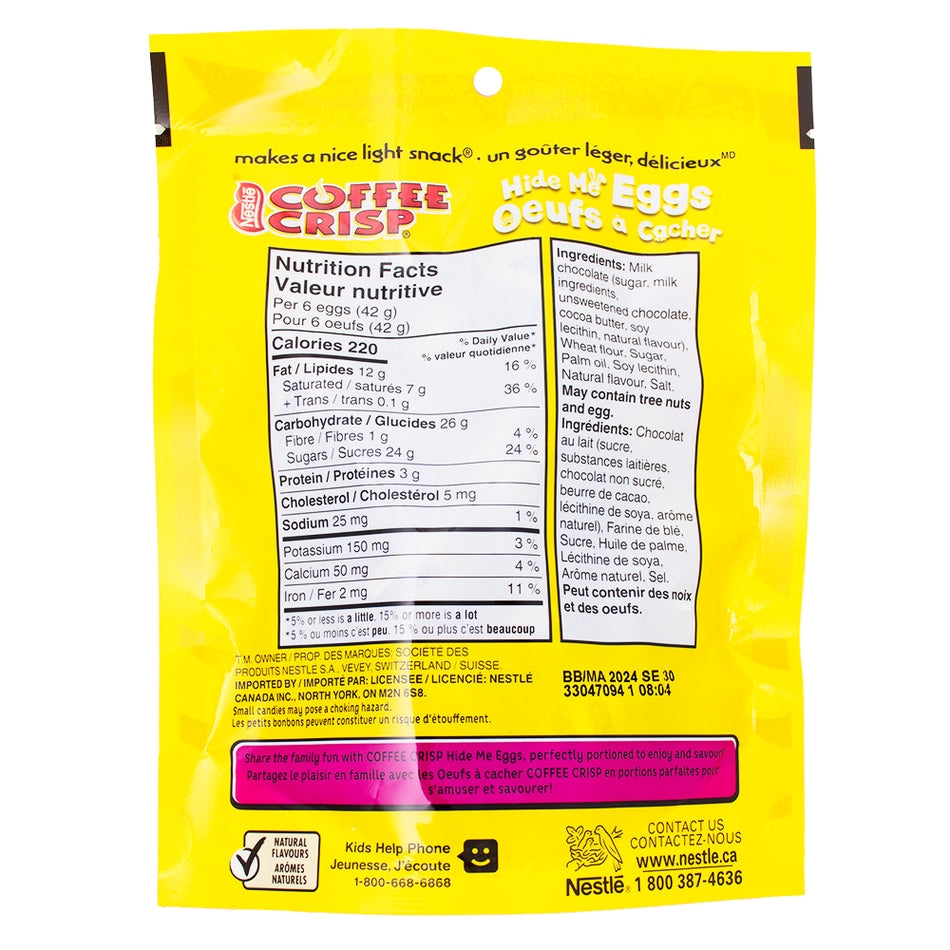 Nestle Coffee Crisp Hide Me Eggs - 150g ingredients nutrition facts - Chocolate Eggs from Coffee Crisp
