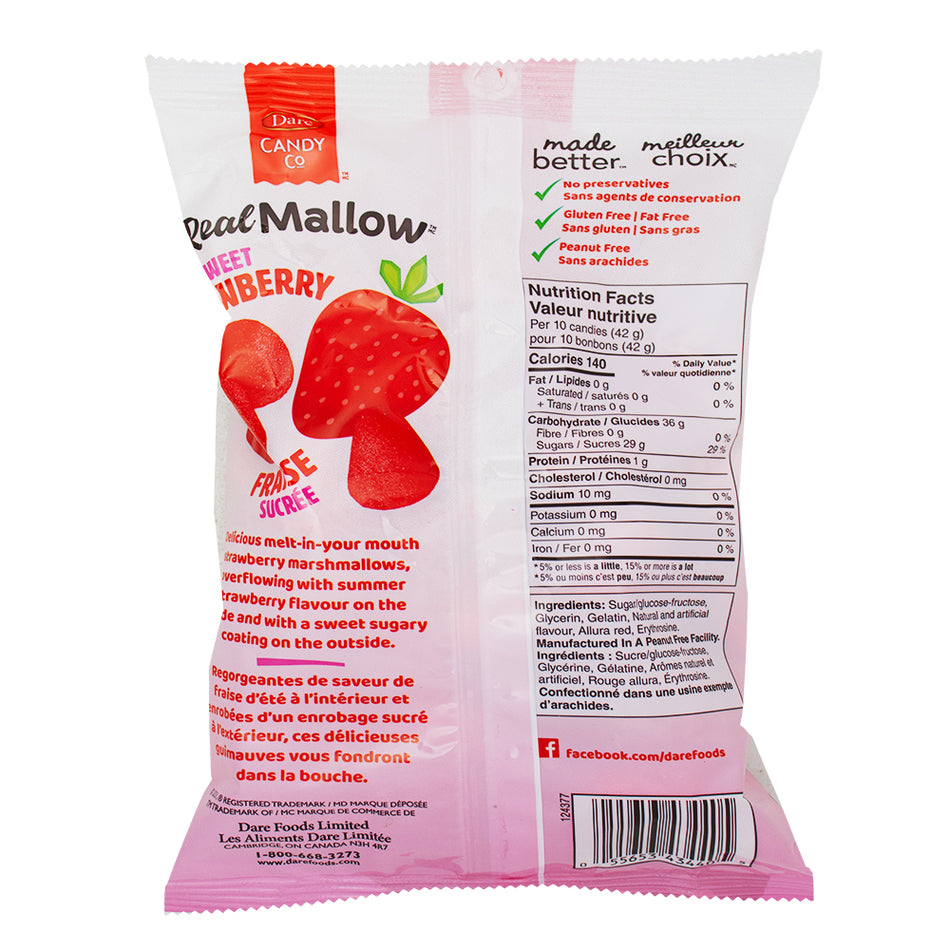 Dare Real Mallow Strawberry Marshmallow Candy - 170g  Nutrition Facts Ingredients - Canadian Candy