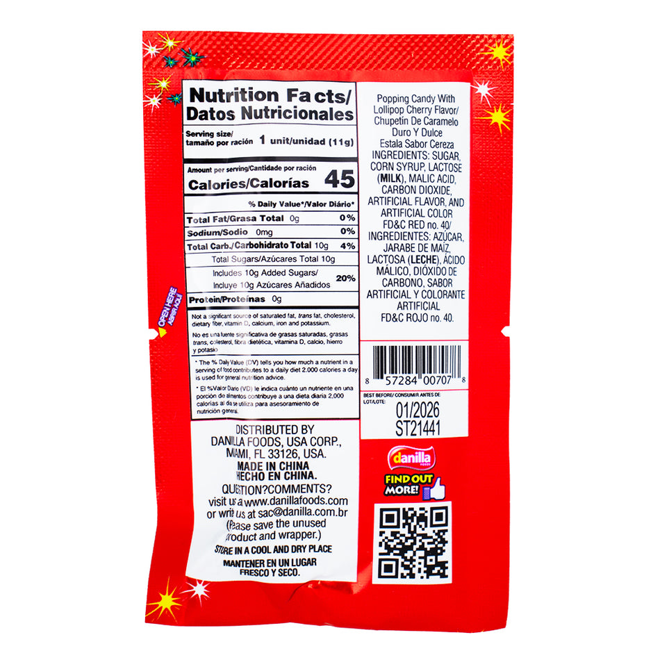 Dip Loko Cherry Lollipop with Popping Candy - .39oz - Lollipop - Popping Candy - Mexican Candy  Nutrition Facts Ingredients