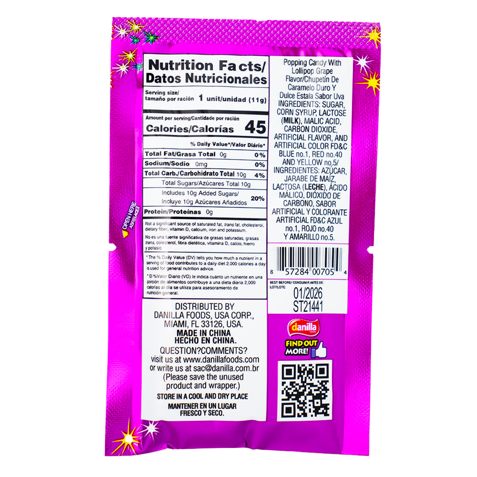 Dip Loko Grape Lollipop with Popping Candy - .39oz - Lollipop - Popping Candy - Mexican Candy Nutrition Facts Ingredients