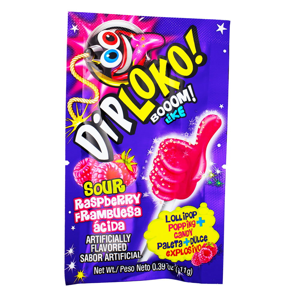 Dip Loko Sour Raspberry Lollipop with Popping Candy - .39oz - Lollipop - Popping Candy - Mexican Candy