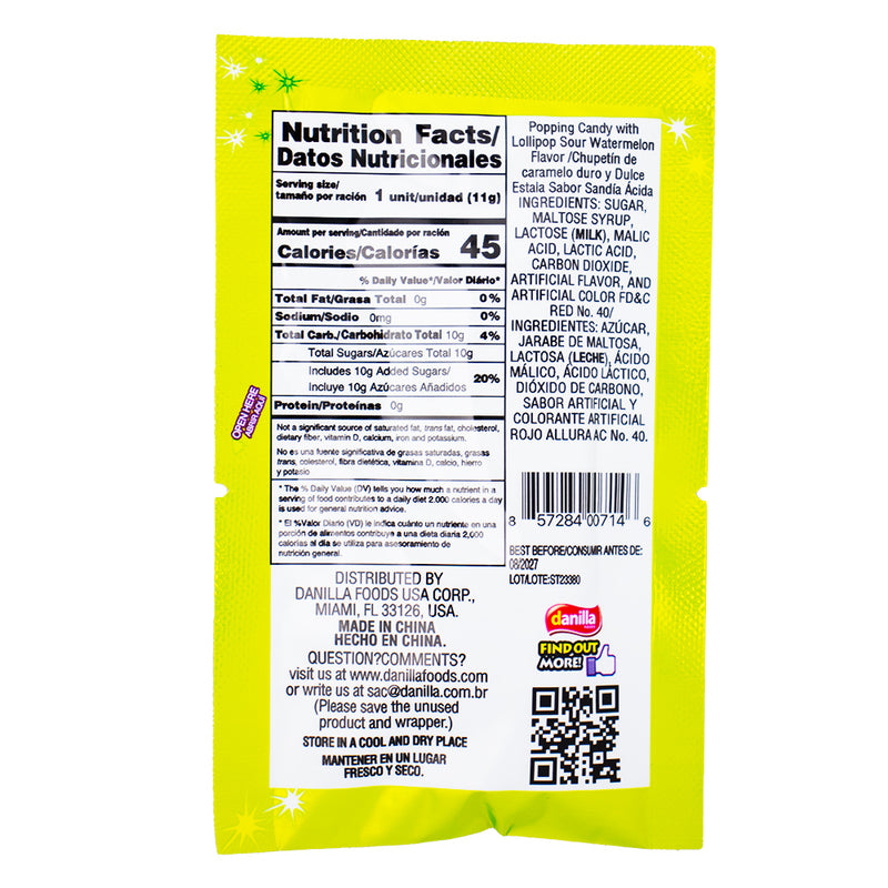 Dip Loko Sour Watermelon Lollipop with Popping Candy - .39oz  Nutrition Facts Ingredients - Mexican Candy