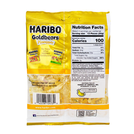 Haribo Gold Bears Pineapple - 4oz Nutrition Facts Ingredients-Haribo-Haribo gummy bears-pineapple candy