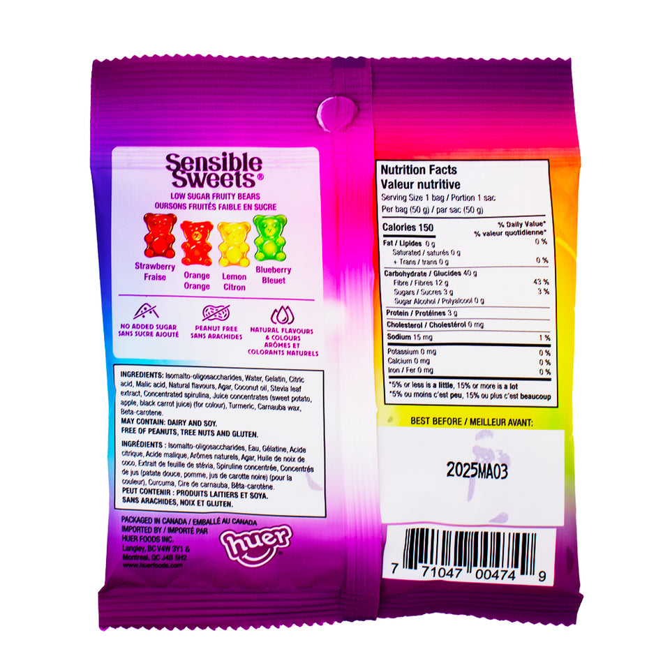 Huer Sensible Sweets Fruity Bears - Low Sugar 50g - Gummy Bears  Nutrition Facts Ingredients