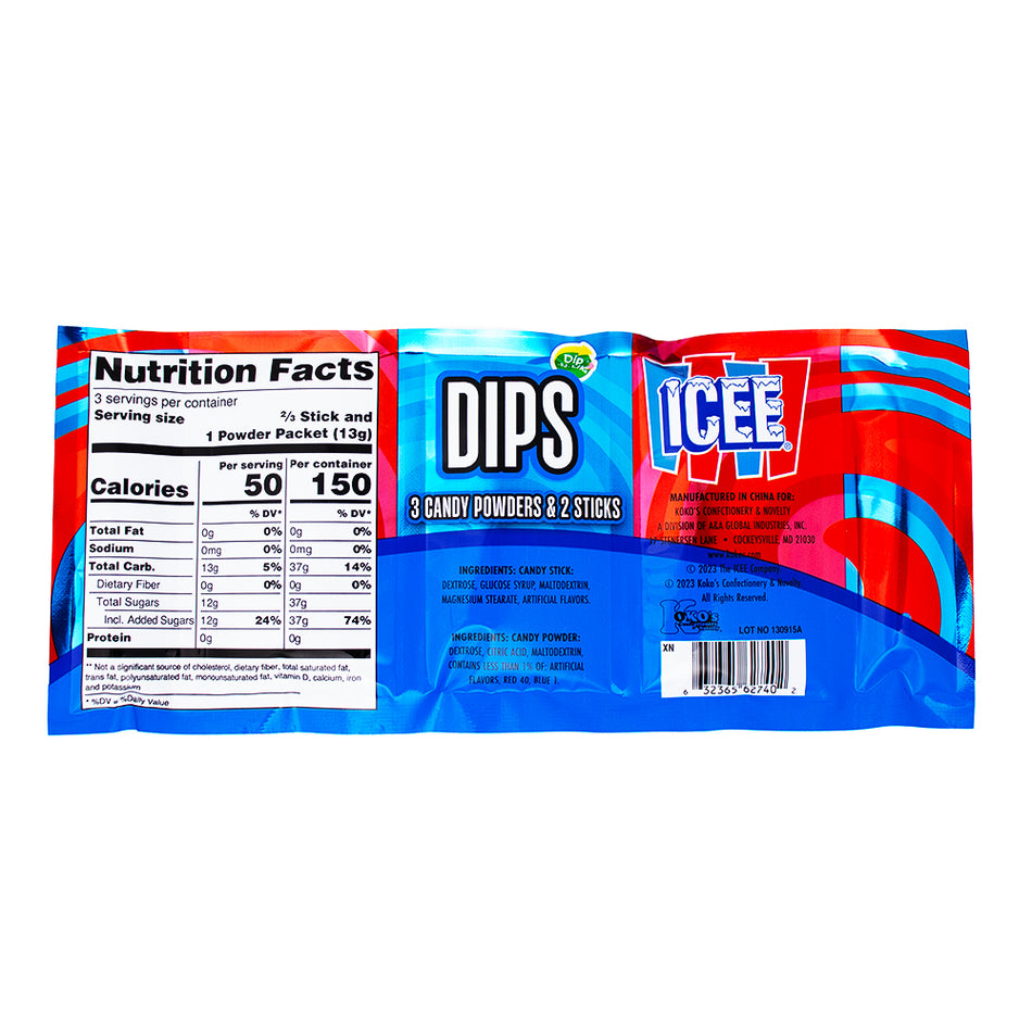 Icee 3 Piece Dips Candy Powder Sticks - 1.41oz  Nutrition Facts Ingredients