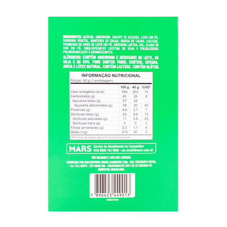 Snickers Lime Mousse (Brazil) - 42g  Nutrition Facts Ingredients