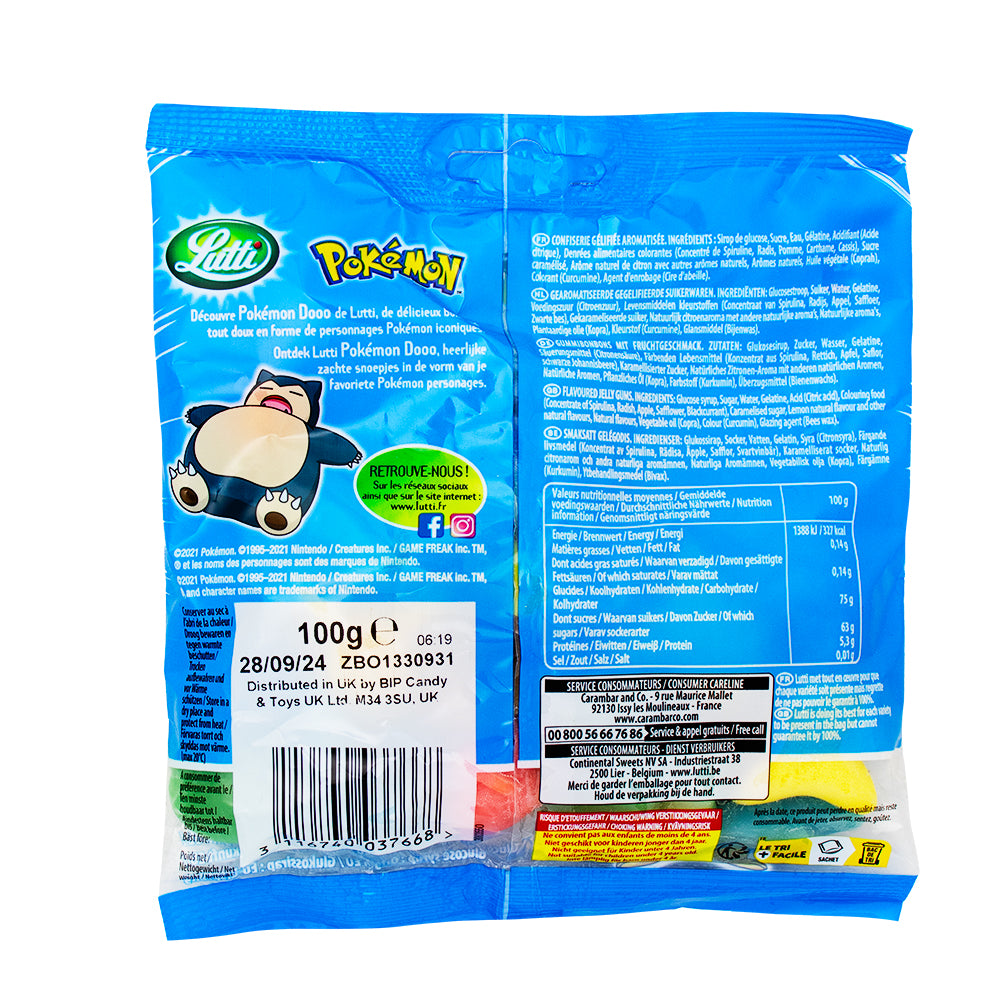 Lutti Pokemon Dooo (UK) - 100g Nutrition Facts Ingredients - Gummy Candy