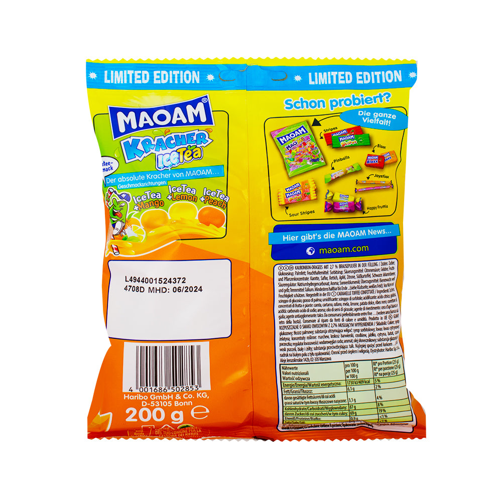 Maoam Kracher Fizzy Ice Tea Candy (Germany) - 200g  Nutrition Facts Ingredients