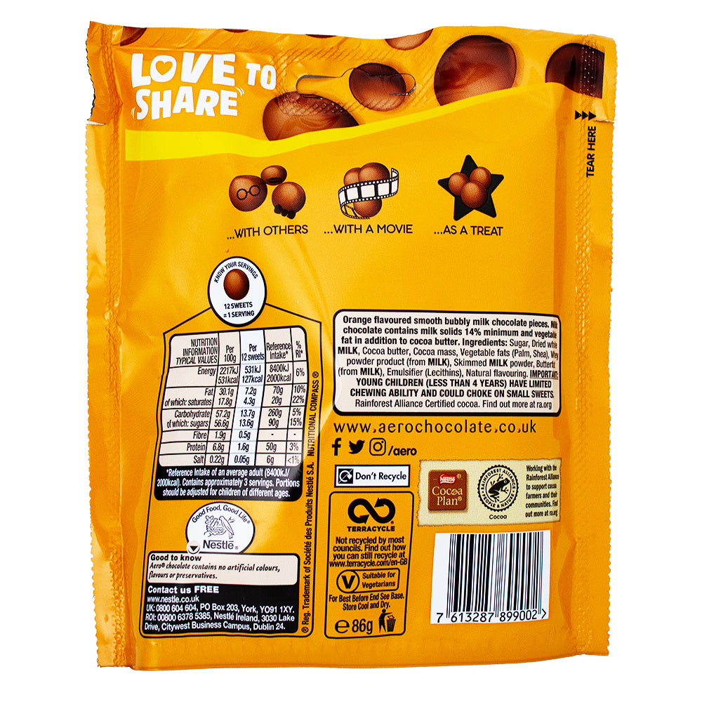 Aero Melts Orange Pouch (UK) - 86g Nutrition Facts Ingredients-British chocolate-aero bars-Chocolate orange