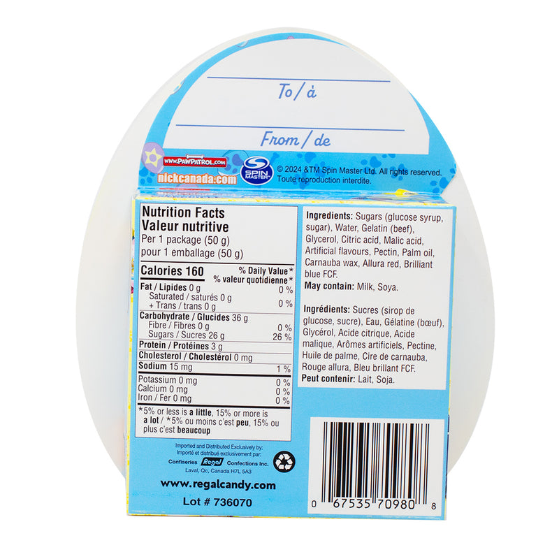 Paw Patrol Easter Egg Box - 50g - Gummy Candy - Nutrition Facts Ingredients
