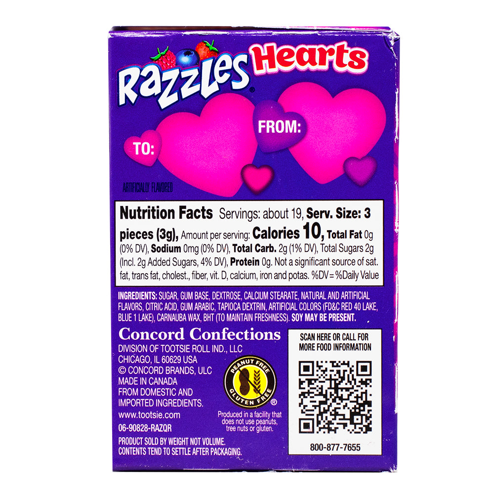 Razzles Hearts - 2oz Nutrition Facts Ingredients-Valentine’s day candy-Heart candy