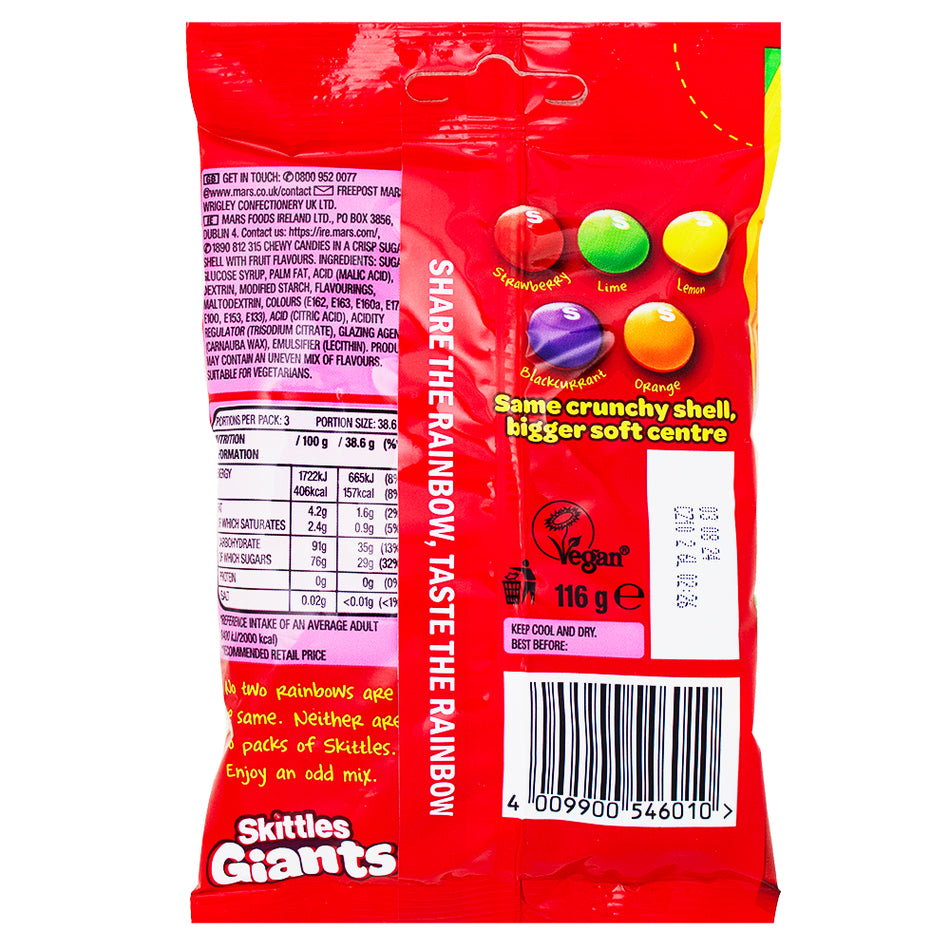 Skittles Fruit Giants (UK) - 116g Nutrition Facts Ingredients