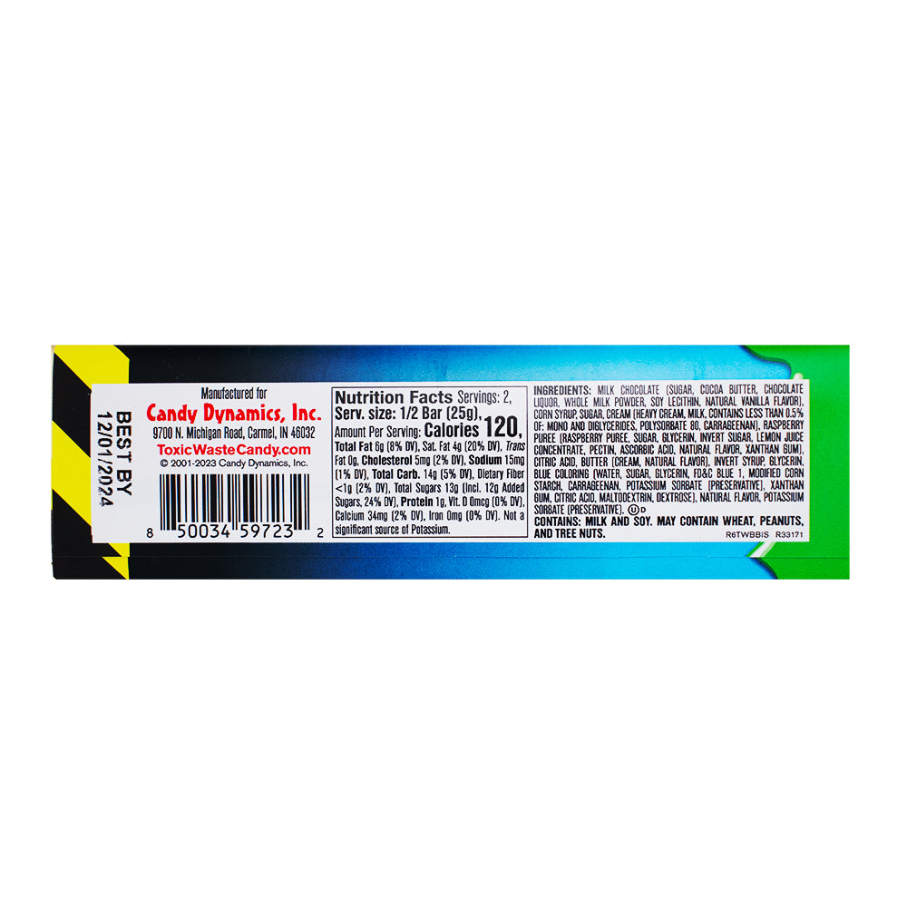 Toxic Waste Slime Licker Chocolate Bar Blue Razz - 1.75oz Nutrition Facts Ingredients - A Chocolate Bar with Toxic Waste Candy!