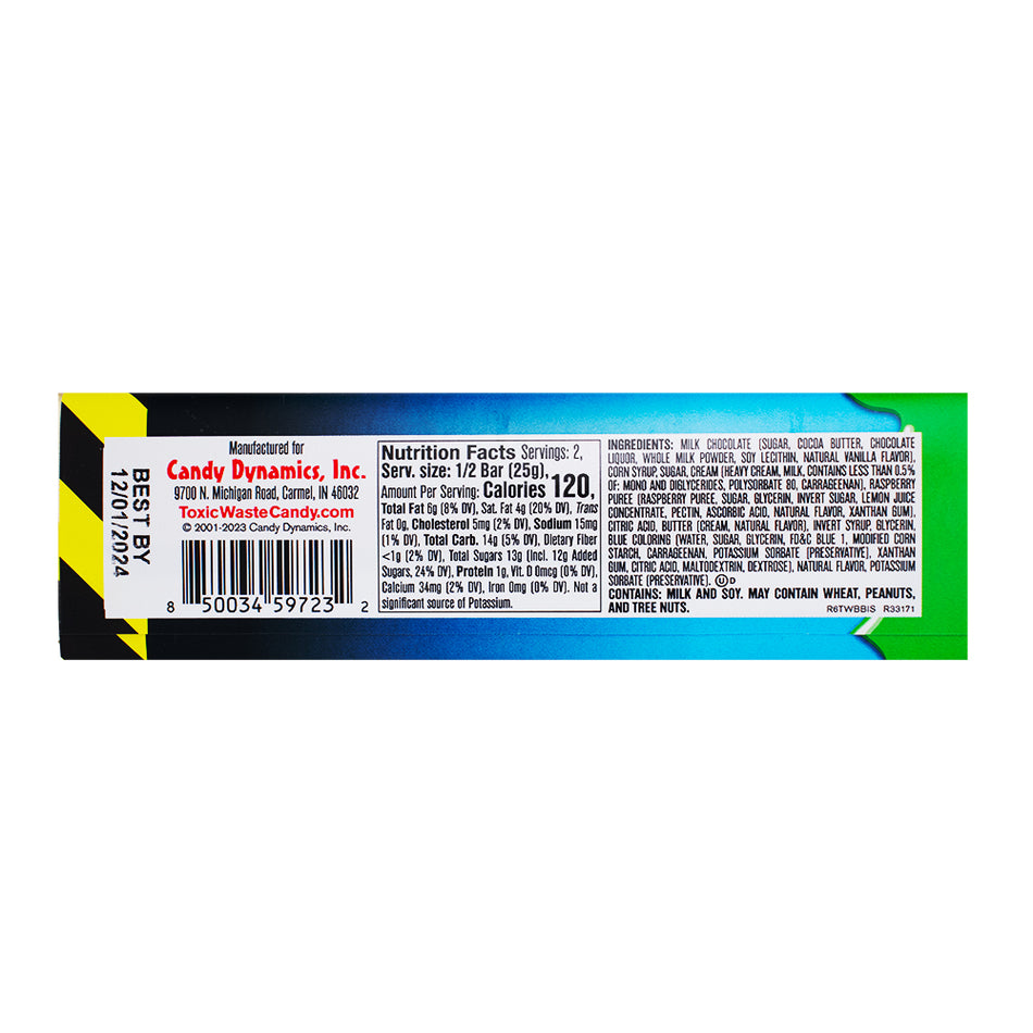 Toxic Waste Slime Licker Chocolate Bar Blue Razz - 1.75oz Nutrition Facts Ingredients - A Chocolate Bar with Toxic Waste Candy!