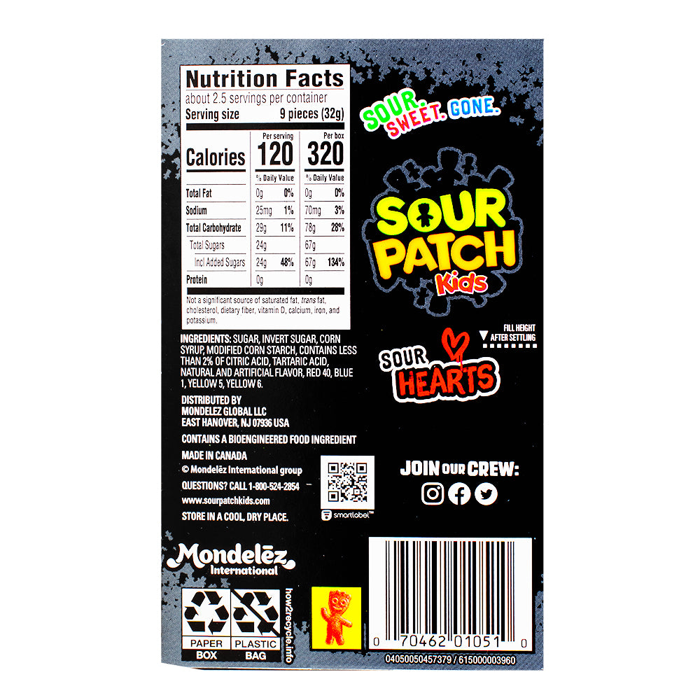 Sour Patch Kids Sour Hearts Black Raspberry Theatre Box - 3.08oz Nutrition Facts Ingredients-Sour Candy-Sour Patch Kids-Candy hearts-Valentine’s Day gifts