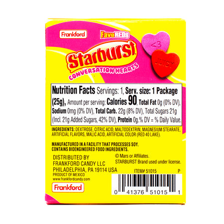 Starburst Conversation Hearts - .88oz Nutrition Facts Ingredients-Conversation hearts-Candy hearts-Pink candy Starburst 