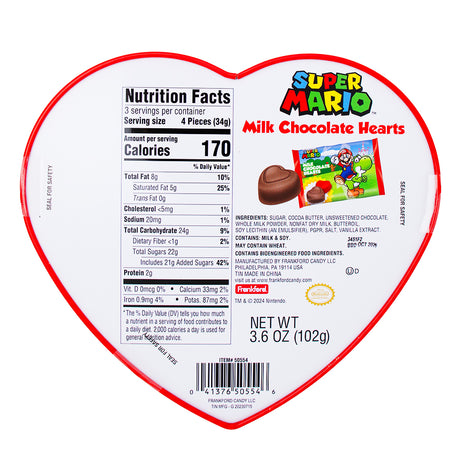 Super Mario Heart Tin Valentine's Gift Box with Milk Chocolate - 3.6oz Nutrition Facts Ingredients-Valentine’s Day chocolate-Milk chocolate-Box of chocolates